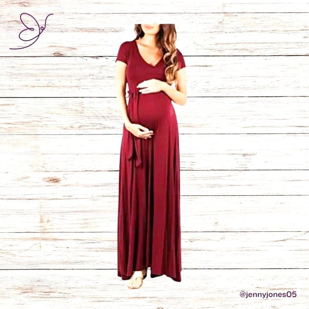Mother Bee Maternity Burgundy Short Sleeve Tie Waist Maxi Dress~Size Small~New